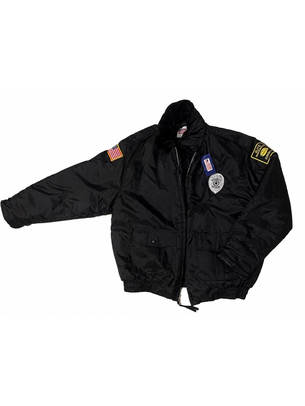 National Patrol Black Quilted Nylon Security Jacket Allied Universal Patches S